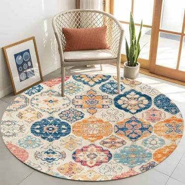 Imagem de Tapete redondo para sala de estar abstrato retrô étnico flor textura macia antiderrapante tapete baixo tapete rústico arte boêmia grande quente lavável tapete para quarto, sala de jantar, quarto de