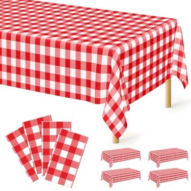Imagem de Pacote com 4 toalhas de mesa de plástico descartáveis, toalha de mesa retangular de 137 x 274 cm, toalha de mesa quadriculada vermelha e branca à prova d'água, capa de mesa de piquenique ao ar livre