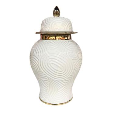 Imagem de Vaso Chinês Cerâmica Branco Trabalhado Dourado 34,5cm para Hall de Entrada, Sala de Estar e Escritório