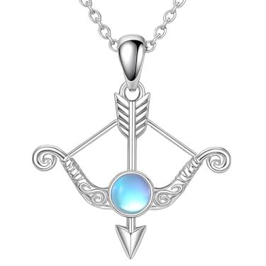 Imagem de Colar feminino com arco e flecha, pedra da lua, pingente de tiro com arco élfico, presente do zodíaco, arqueiro, fantasia, joias para ela, estilo viking medieval, colar delicado de pedra preciosa ao
