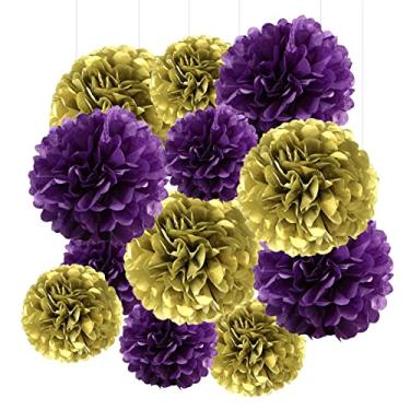 Imagem de Pompons de papel de seda roxo e dourado, pompons de papel pendurados bola de flores decoração de festa de aniversário de casamento (6 peças de pompons de 30 cm e 6 peças de pompons de 25 cm)