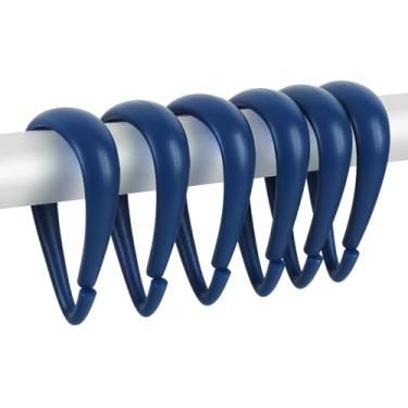 Imagem de Top-spring Ganchos de cortina de chuveiro de plástico azul marinho - 12 peças em forma de gota azul escuro ganchos de chuveiro para cortina de banheiro varão de chuveiro