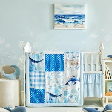 Imagem de Jogo de cama de berço com estampa xadrez azul oceano azul, 3 peças, lençol com elástico e saia para cama – Baleias, golfinhos, tartarugas, cavalos-marinhos, concha e animais marinhos