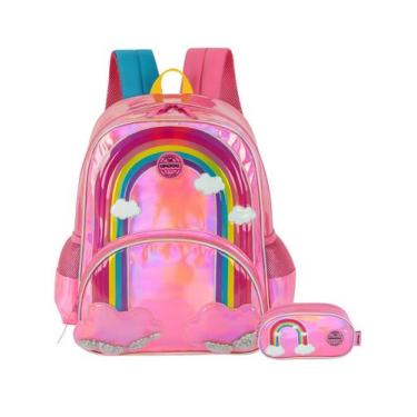 Imagem de Kit Escolar Arco-Íris Mochila de Costas + Estojo Triplo - UP4YOU, Pink
