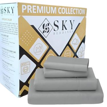 Imagem de SKY BEDDINGS Jogo de lençóis 100% algodão 4 peças - 400 fios de cetim trançado, conjunto de lençóis Queen olímpicos 167,6 cm x 203,2 cm com bolsos profundos de 38,1 cm, resfriamento, respirável
