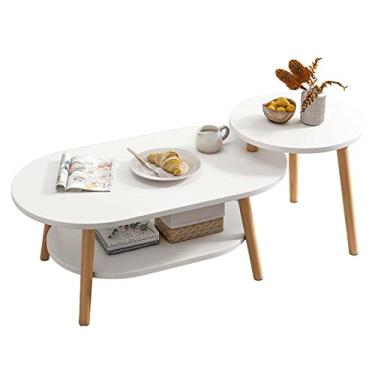 Imagem de Mesa de centro de madeira de 2 camadas, conjunto de 2 mesas de centro ovais, mesa central rústica com detalhes de casa de fazenda, prateleira de armazenamento aberta, para casa, sala de estar