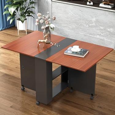 Imagem de Mesa de jantar dobrável, mesa de jantar dobrável, mesa de jantar dobrável com 6 rodas e prateleira de armazenamento de 2 camadas, mesa de folhas suspensas para espaços pequenos, cozinha, sala de estar