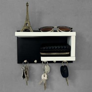 Imagem de Porta Chaves de Parede MDF Decorativo Preto e Branco -5 Ganchos Prateleiras Suporte Organizador