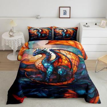 Imagem de Feelyou Conjunto de edredom solteiro com dragão para meninos e meninas, adolescentes, vida selvagem, conjunto de edredom para decoração de quarto, laranja e azul