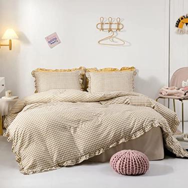 Imagem de Conjunto de capa de edredom de malha com babados, conjunto de cama de princesa ultramacio com fronhas de saia de cama, conjunto de capa de edredom durável respirável - amarelo solteiro 170 x 210 cm