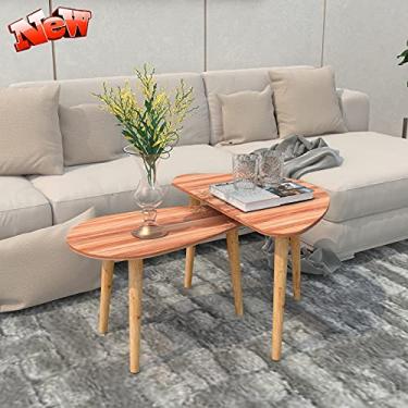 Imagem de Mesas de centro brancas elegantes para sala de estar, mesa triangular moderna e mesa oval conjunto de 2 para espaços pequenos, mesa de coquetel, mesa de chá em forma de gota com perna de madeira