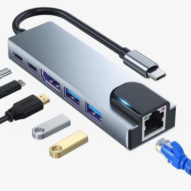Imagem de Adaptador Hub USB-C Multiportas 6 em 1, HDMI 4K, USB 3.0, USB 2.0, USB-C PD 100W – Tipo C - Rj45 Rede LAN 100Mbps para Notebook, MacBook, Alumínio Compacto, Alta Velocidade, Multiportas - Lene