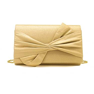Imagem de iXebella Bolsa de cetim para noite com aba de laço Bolsa de embreagem para mulheres Formal festa/formatura/casamento, Dourado, Small
