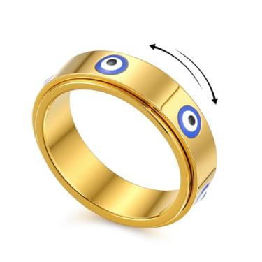 Imagem de YemmxLoo Anel fidget olho turco para mulheres e homens banhado a ouro 18 K, anel giratório para alívio da ansiedade, pingente da sorte, presente de joias, tamanho 6-10, 6-10, Aço inoxidável, Sem pedra