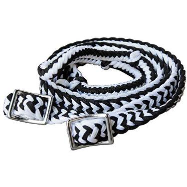 Imagem de HILASON Rédeas de corrida de cavalos de poliéster trançadas com nós planos de aderência 2,5 cm x 2,5 m, preto e branco | Presentes de rédeas