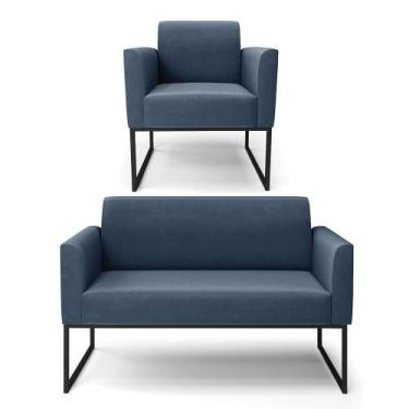 Imagem de Sofá Namoradeira Com Poltrona Base Industrial Preto Marisa Suede Azul 