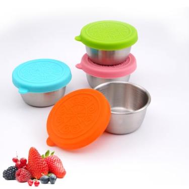 Imagem de Pacote com 4 recipientes de molho para salada de 47 g, recipientes de almoço, recipiente de salada para almoço, copos pequenos de aço inoxidável com tampas de silicone à prova de vazamento, para