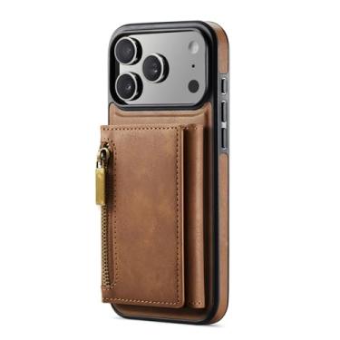 Imagem de POYUFRG Capa magnética para iPhone 17 Pro Max/17 Pro/17 Air/17, carteira destacável com zíper e porta-cartões com vista de logotipo, capa de couro, laranja, 17