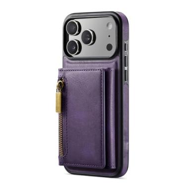 Imagem de POYUFRG Capa magnética para iPhone 17 Pro Max/17 Pro/17 Air/17, carteira destacável com zíper e porta-cartões com vista de logotipo, capa de couro, roxa, 17 ProMax