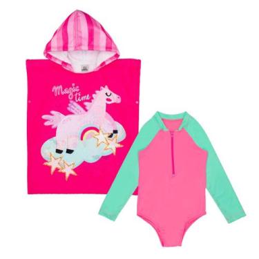 Imagem de Kit Maiô Manga Longa Natação + Poncho Atoalhado Menina Praia - Fofotin