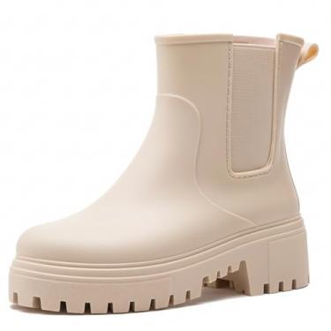 Imagem de YYW Botas femininas de chuva curtas, de borracha, à prova d'água, Chelsea, para mulheres, antiderrapantes, leves, confortáveis no tornozelo, para jardim, sapatos ao ar livre, Damasco, 7-7.5