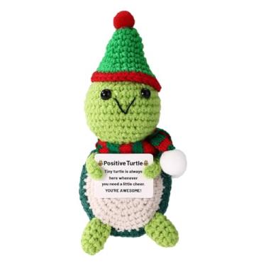 Imagem de Chapéu Natal Tartaruga Positiva, Pelúcia Emocional Feita à Mão Boneca Tartaruga Apoio Positivo Animal Tricô com Cartão Incentivo para Decoração Natal Escritório em Casa e Presente Inspirador