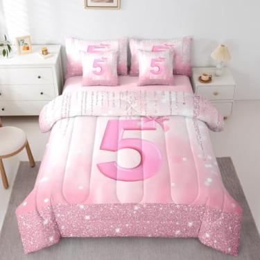 Imagem de Feelyou Conjunto de edredom com laço rosa com 7 peças, solteiro, número 5, para crianças, meninos, meninas, princesa, glitter, em uma bolsa, para decoração de quarto de aniversário, microfibra leve e