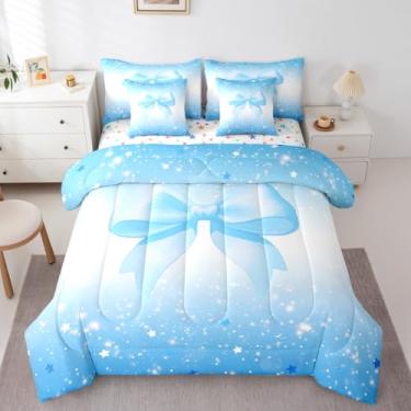 Imagem de Feelyou Conjunto de edredom com laço e 7 peças, solteiro, com glitter, estampa estrelada, para crianças, meninos, meninas, lençol com laço fofo em uma bolsa, decoração de quarto de princesa, macia e