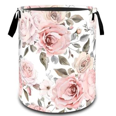 Imagem de VODRM Elegante cesto de roupa suja floral rosa rosa, cesto organizador de brinquedos para crianças e adultos, cesto de armazenamento impermeável de tecido Oxford para quarto, banheiro, decoração de