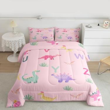 Imagem de Feelyou Conjunto de edredom fofo de dinossauro, todas as estações, desenho animado, dinossauro, com 1 fronha, letra inicial, alfabeto, microfibra, roupa de cama de solteiro, de animais selvagens
