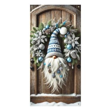 Imagem de BlissYard Capa de porta de Natal, 89 x 188 cm, faixa de guirlanda de gnomo azul e branco, faixa de portas de inverno para decoração de porta de tecido reutilizável para decoração de casa, escritório e