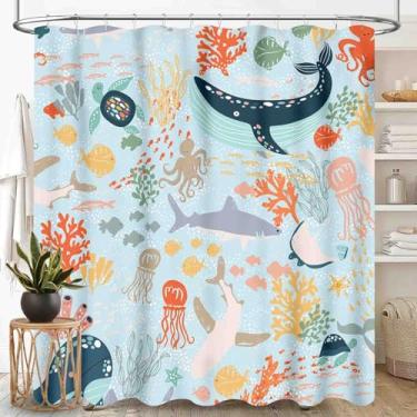 Imagem de TKUYO Cortina de chuveiro infantil tubarão para banheiro, peixe subaquático do mundo do mar, animais marinhos, baleia, peixe, colorido, impermeável, tecido para bebês, meninas, meninos, conjunto de