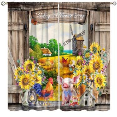 Imagem de Cortinas de animais de fazenda para cozinha vintage rústica celeiro de madeira moinho de vento animal girassol porco estampa tratamentos de janela para quarto sala de estar 107 x 114 cm