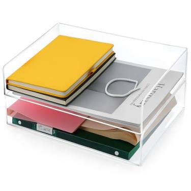 Imagem de PercyEffie Organizador de papel acrílico empilhável com 2 unidades, bandeja transparente para escritório, suporte de arquivo tamanho A4, com base antiderrapante, classificador de documentos