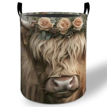 Imagem de Cesto de lavanderia Highland Cow 50 x 40 cm, balde de armazenamento de roupas Oxford dobrável à prova d'água para quarto, banheiro, quarto, berçário, organizador de brinquedos, presentes para crianças
