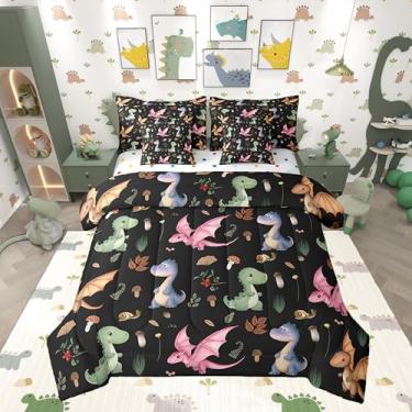 Imagem de Conjunto de cama de casal vintage de dragão, 7 peças, desenho animado, dinossauro, selvagem, vida selvagem, cogumelo, samambaia, plantas selvagens, macio, quente, microfibra para todas as estações