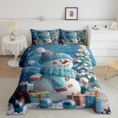 Imagem de Conjunto de edredom Queen com desenho animado de boneco de neve, para decoração de quarto de crianças, meninos, meninas, tema de inverno, 3 peças, floco de neve, conjunto de colcha de árvore de Natal