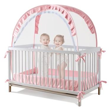 Imagem de Lazyzzz z Barraca para berço – Dossel de berço pop-up com zíper duplo autotravado, rede de berço de malha de 1200 furos/polegadas para evitar que o bebê suba, portátil, fácil instalação, 139,7 cm C x