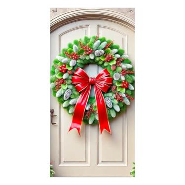 Imagem de BlissYard Capa para porta de Natal, 89 x 188 cm, faixa de guirlanda de pinheiro, decoração de varanda frontal, painel de porta de inverno, fundo de entrada de Natal sazonal, decoração de festa festiva