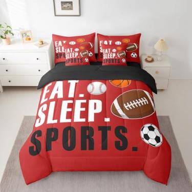 Imagem de Feelyou Conjunto de edredom esportivo tamanho solteiro, para meninos e meninas, presente para amantes de esportes, ultramacio, futebol, basquete, beisebol, respirável, leve, microfibra, bola vermelha