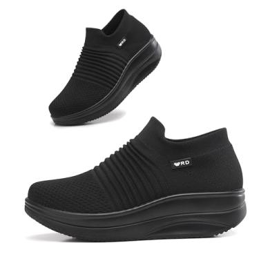 Imagem de Oude Mocassins plataforma para mulheres confortáveis | Tênis feminino sem cadarço leve | Sapatos femininos de caminhada que trabalham longas horas | Parte inferior grossa de balanço, Todo preto 92327