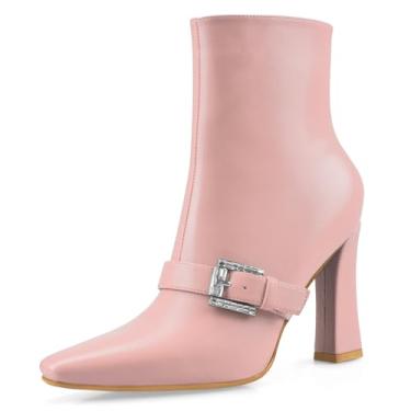 Imagem de Perisis Botas de cano curto, salto alto, grosso, preto, bico quadrado, fechado, curto, com zíper lateral, salto de 10 cm, padrão de crocodilo para mulheres e mulheres sexy, Poliuretano rosa-claro, 35