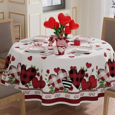 Imagem de XCHI Toalha de mesa xadrez com corações do amor para o dia dos namorados, toalha de mesa redonda, lavável para decoração de festa em casa 177 x 177 cm