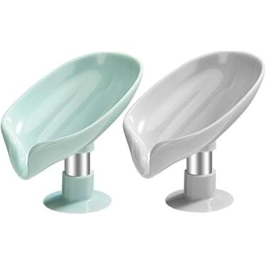 Imagem de Saboneteira Decorativa em Forma de Folha, ABS Plástico, 13x8.7x10.5cm, Base com Ventosa, Design Auto-Drenante, Verde e Cinza, Kit com 2 Peças