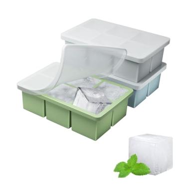 Imagem de Bandejas grandes para cubos de gelo de 5 cm para uísque e coquetéis - Molde de gelo quadrado grande de silicone com tampa à prova de vazamento, pacote com 3 unidades de fácil liberação e estrutura de