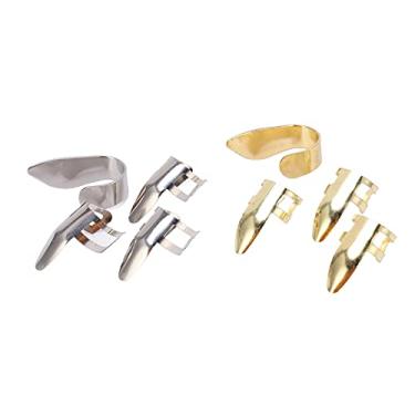Imagem de Conjunto de palhetas de dedo de guitarra com caixa de armazenamento, 8 peças de palhetas de metal ajustáveis para violão, banjo, ukulele protege os dedos, melhora o som, ouro e prata