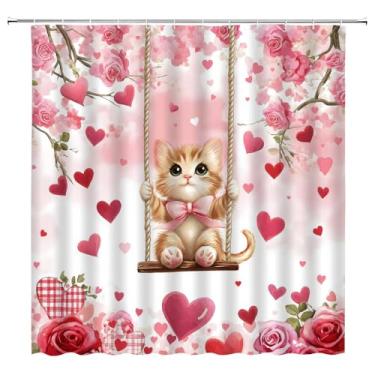 Imagem de UOZXOML Cortina de chuveiro de gato dos namorados engraçado gatinho balanço romântico amor vermelho coração árvore rosa floral feminino charmoso tecido primavera decoração de banheiro cortinas com