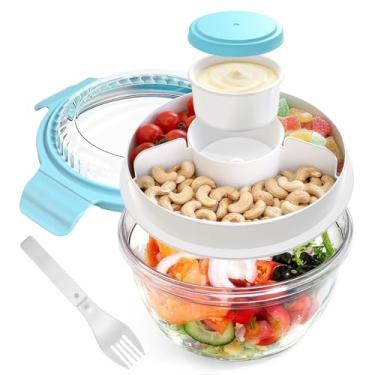 Imagem de WHALEHOUSE Recipiente de salada ECOZEN PCTG ecológico transparente, tigela de salada de plástico durável de 945 ml com tampa e bandeja de lanches, recipiente de molho à prova de vazamento, garfo