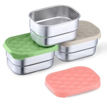 Imagem de Homikit Pacote com 3 recipientes de lanche para crianças, lancheira infantil de aço inoxidável 18/10 com tampas de silicone, conjunto de recipientes de alimentos Bento reutilizável para creche escolar