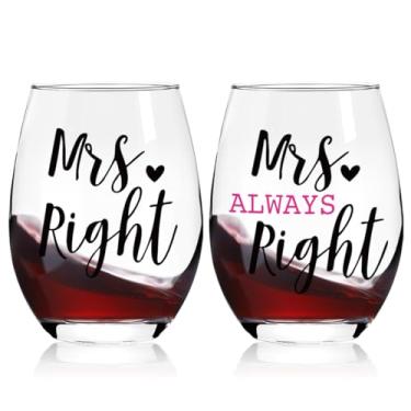 Imagem de Presentes de casamento para mulheres, casais, amigos, recém-casados, Mrs Right Mrs Always Right Gifts Taça de vinho sem haste, presente de noivado lésbico para ela, presente de Natal, inauguração de